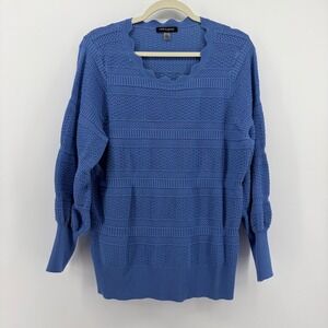 Cable & Gauge Sweater Blue Women 3X Scalloped Neck Textured Knit Balloon Sleeve